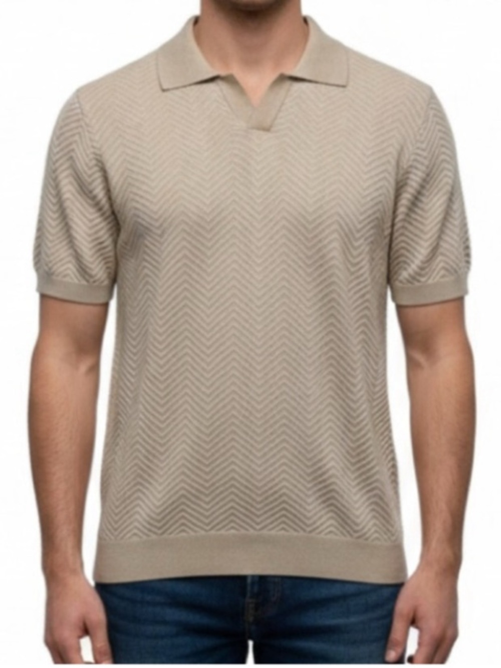 NWT Hechter Paris Sz M Soft Knit Beige Short Sleeve Polo Unique Chevron Pattern